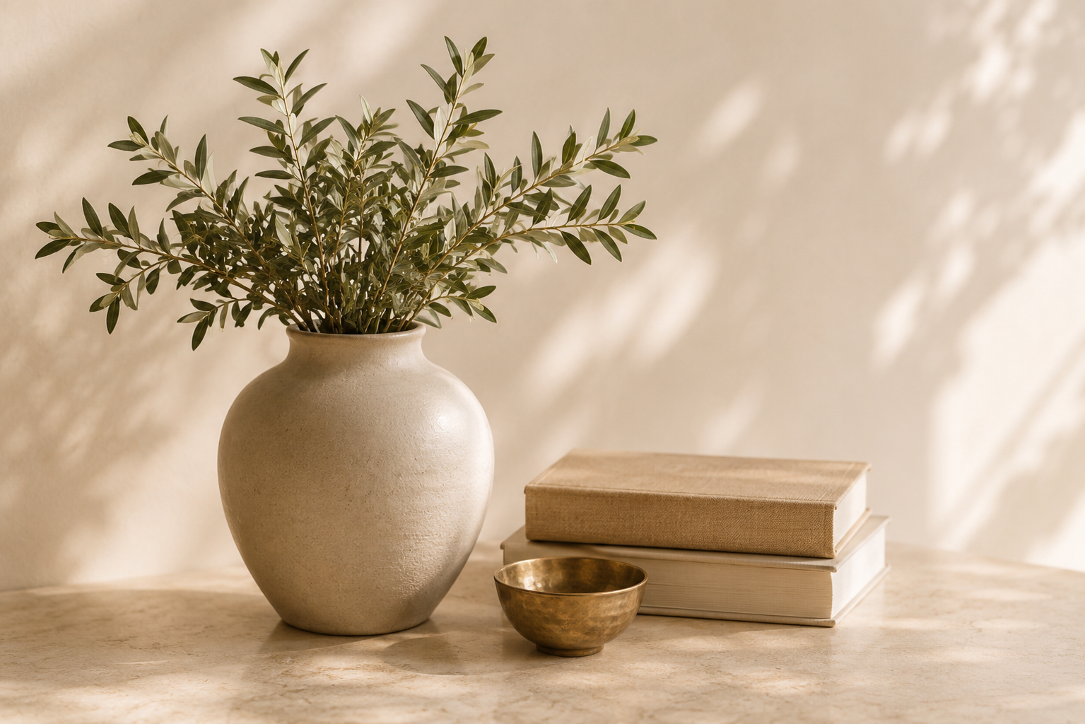 Olive branches in a ceramic vase beside books