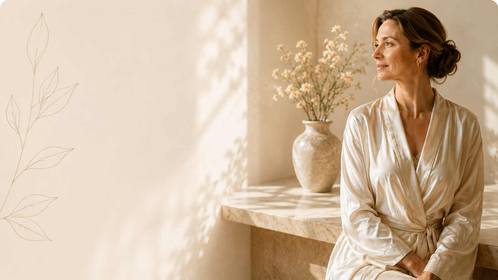 Woman in cream robe seated in warm natural light at Women's Health of Greenwich